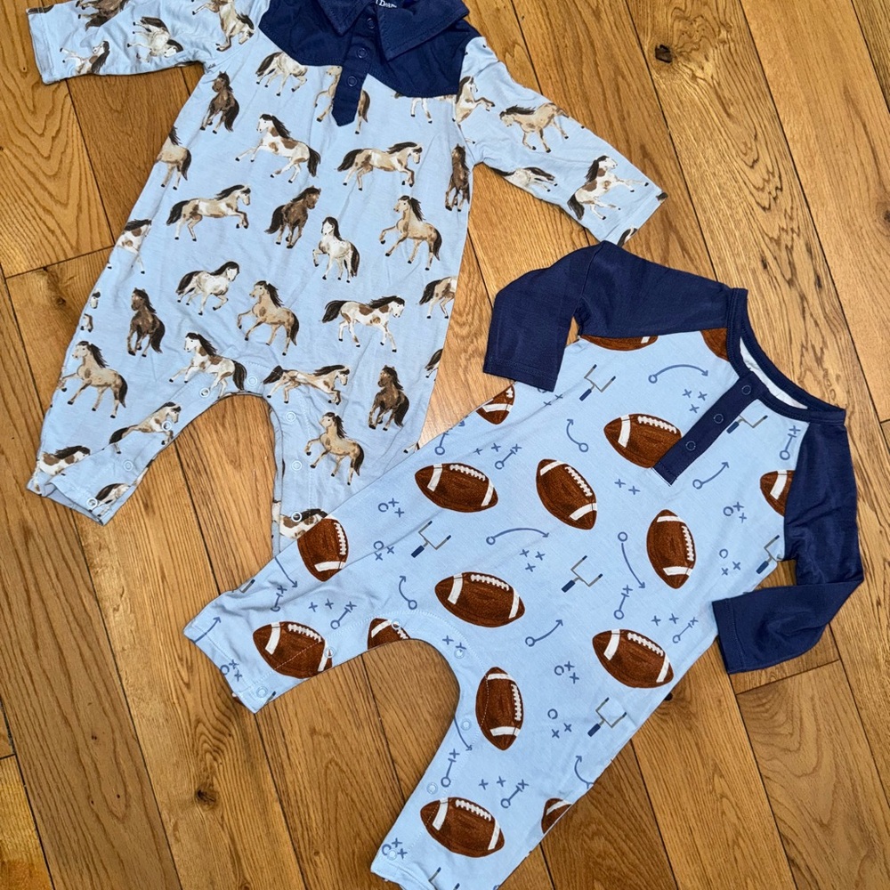 2 Angel Dear rompers Football and Horses size 3-6 months